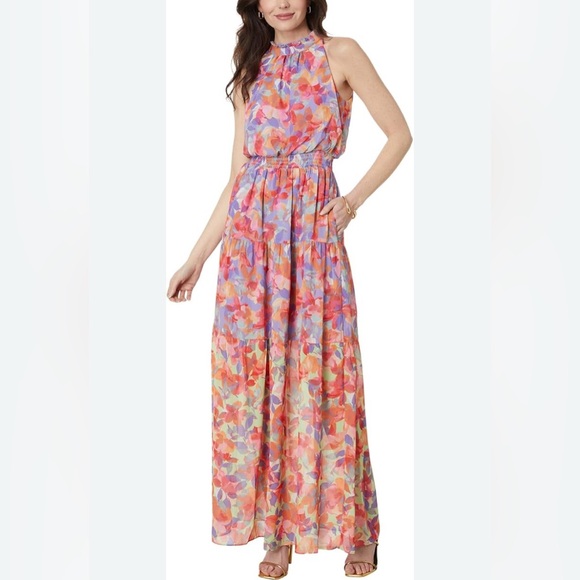 Vince Camuto Floral Maxi Dress 16 Multicolor Sleeveless Halter Smocked Waist - Picture 1 of 11